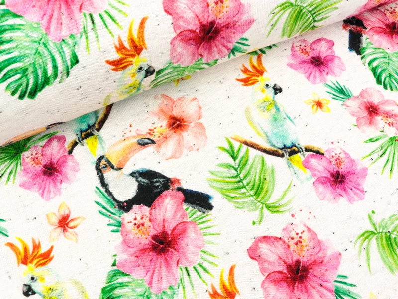 Reststück 30cm - French Terry Loopbackk Neps Birds and Flowers bunt auf weiß meliert