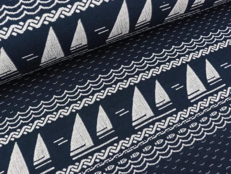 Reststück 18cm - AHOI Bio Doubleface Jersey Sail Away blue navy-weiß by Albstoffe