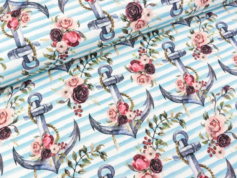 Reststück 11cm - Baumwolljersey Jesse Anker und Blumen auf wasserblau-weiß gestreift