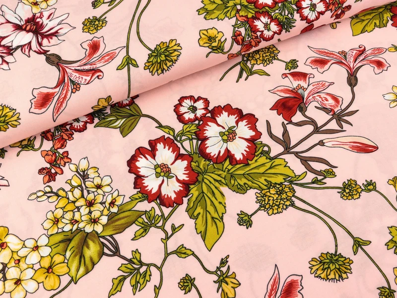 Reststück 16cm - Viskosestoff Chally Blumenmuster bunt auf Nude