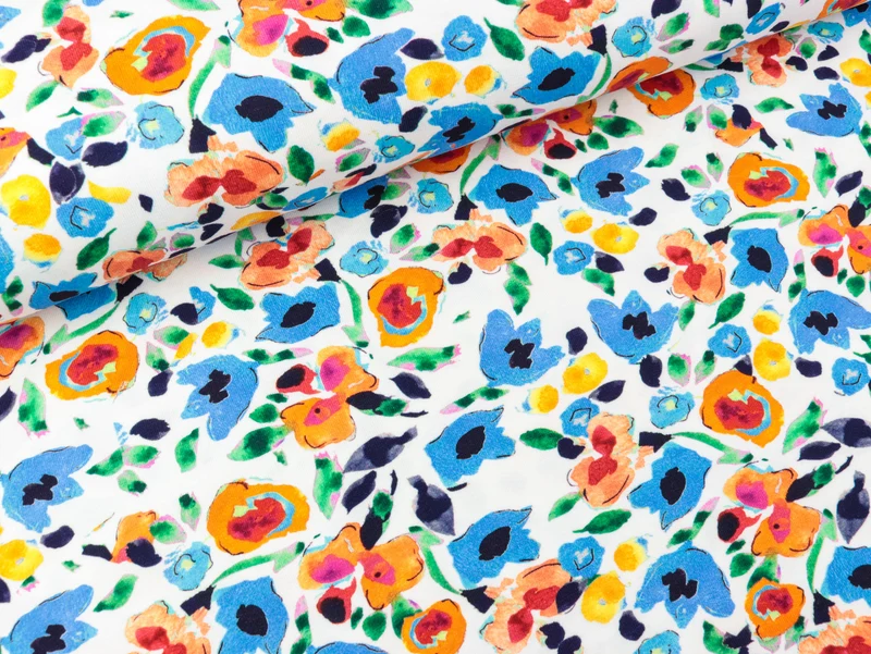 Baumwolljersey Blumen und Blätter blau-bunt auf Weiß Digitaldruck