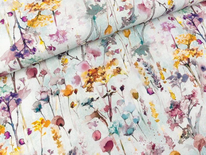 Reststück 33cm - Viskose Webware Radiance Watercolor Blumen bunt auf Light blue Digitalprint