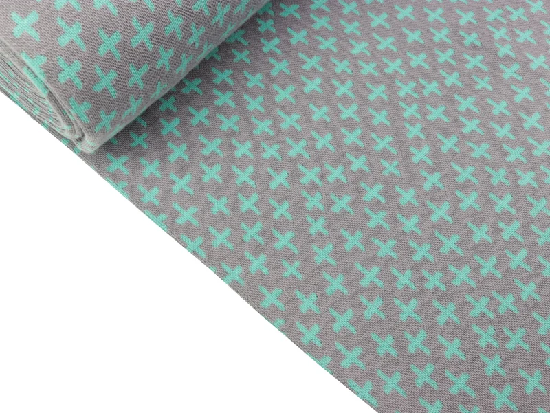 Reststück 14cm - Glatte Bündchenware Karla Kreuze mint auf Grau Schlauchware