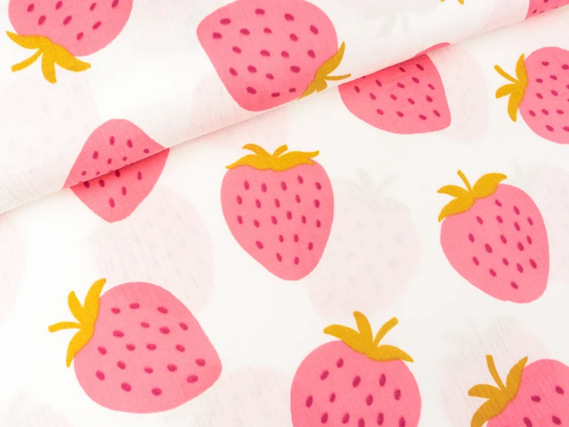 Baumwoll Double Gauze Große Erdbeeren auf Weiß