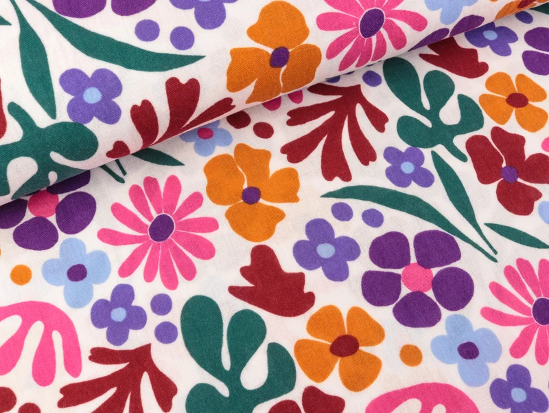 Baumwoll Double Gauze Große bunte Blumen auf Weiß
