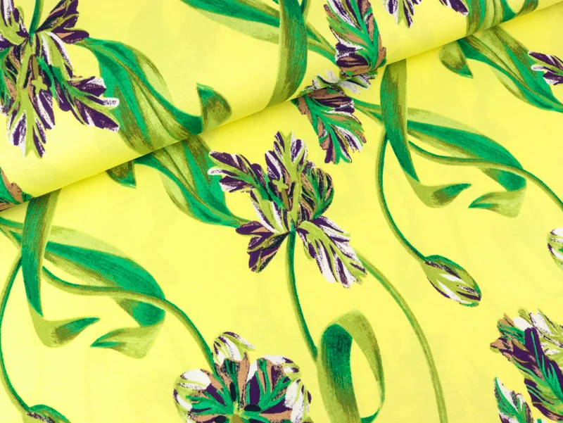Viskosejersey Abstrakt Blumenmuster bunt auf Vanillegelb