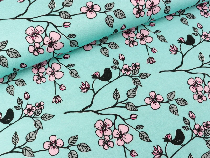 Steinbeck Baumwolljersey Valerie Papillon Blumenzweige und Vögelchen auf Mint