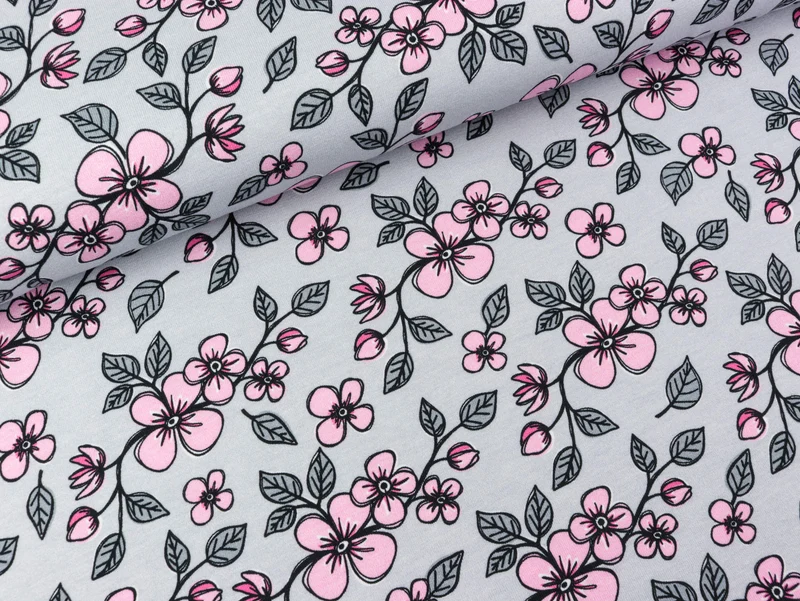 Steinbeck Baumwolljersey Valerie Papillon Blumenranken auf Hellgrau