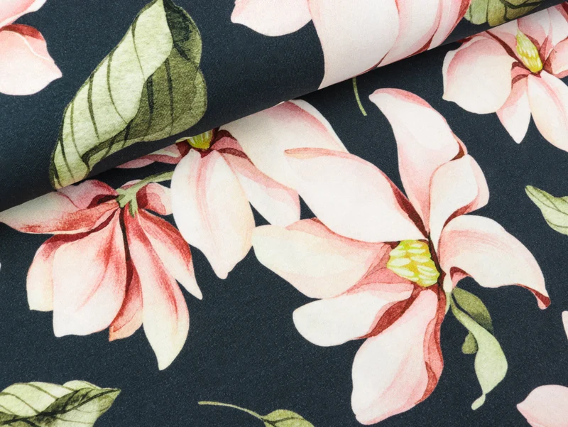 Reststück 30cm - Baumwolljersey Magnolienblüten auf Navy Digitaldruck