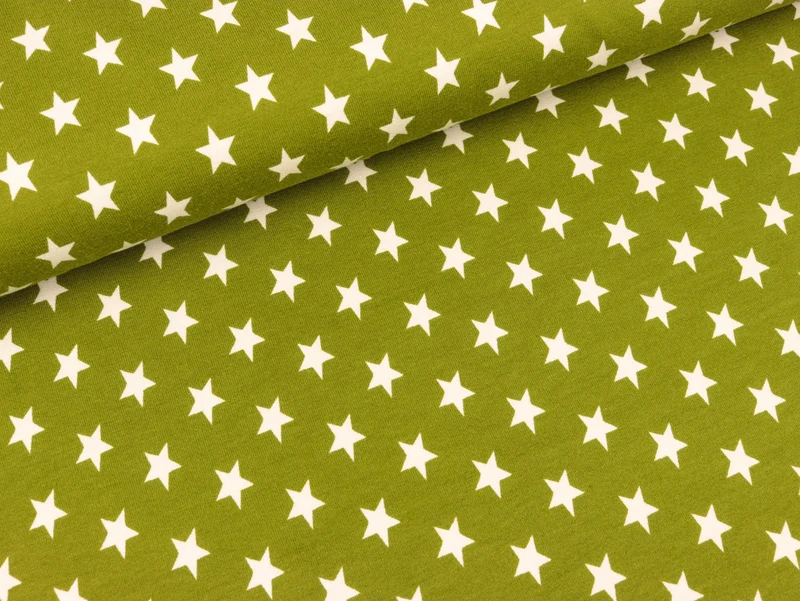 Reststück 15cm - Baumwolljersey Sterne Jerseystars weiß auf heugrün