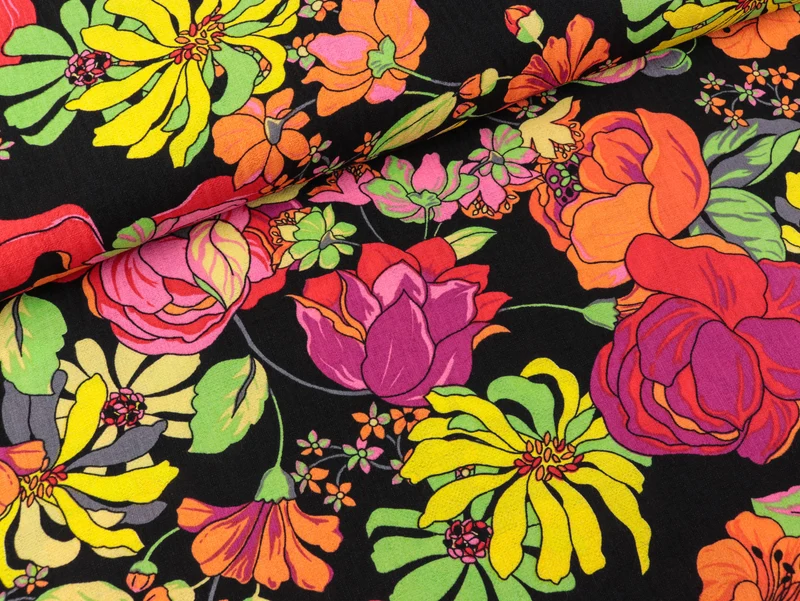 Viskose Webware Bubble Bunte Blumen auf Schwarz