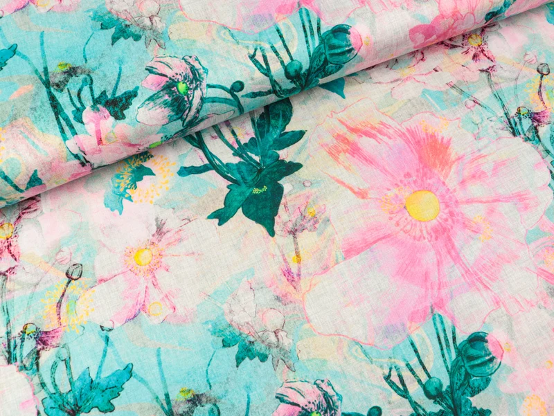Baumwollsatin Webware Japanese Anemone pink-petrol-bunt by Nerida Hansen