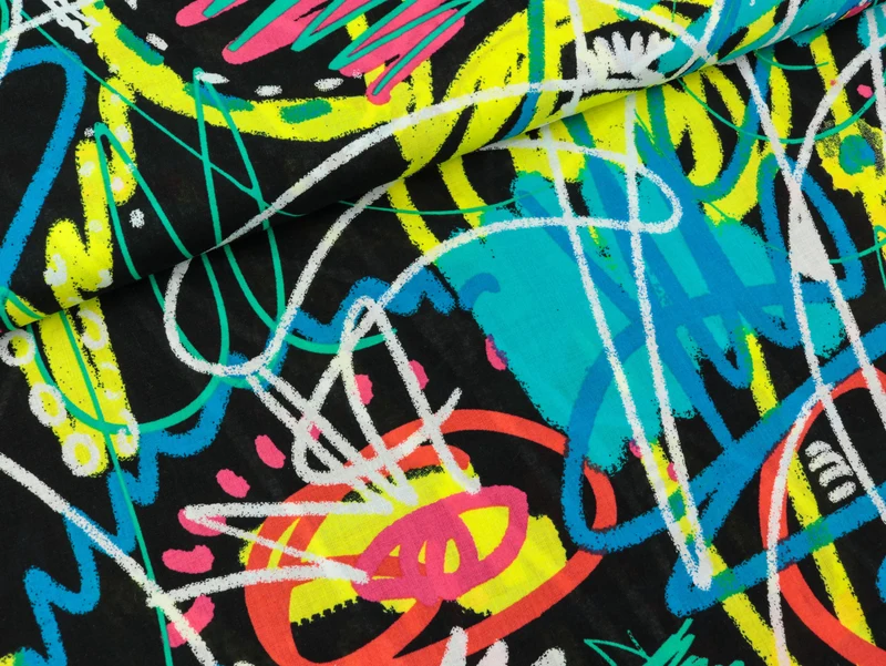 Baumwoll Voile Print Sketching schwarz-bunt