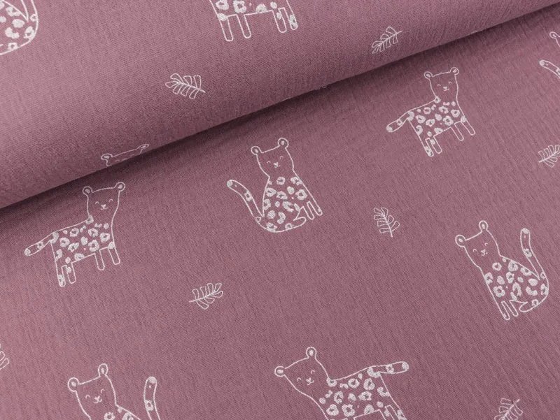 Baumwoll Double Gauze Kleine Panther weiß auf Mauve