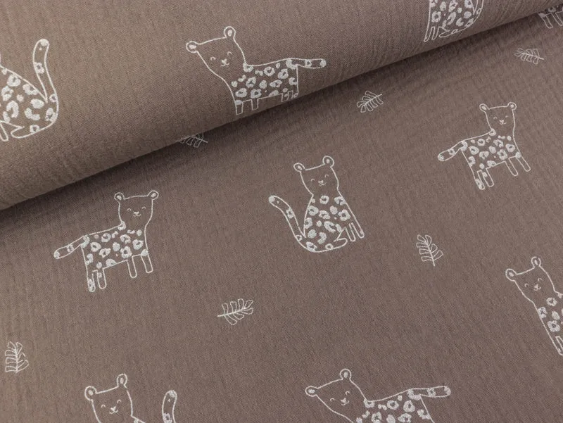 Baumwoll Double Gauze Kleine Panther weiß auf Taupe