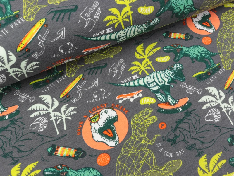Reststück 17cm - Soft Sweat Dino grau-bunt