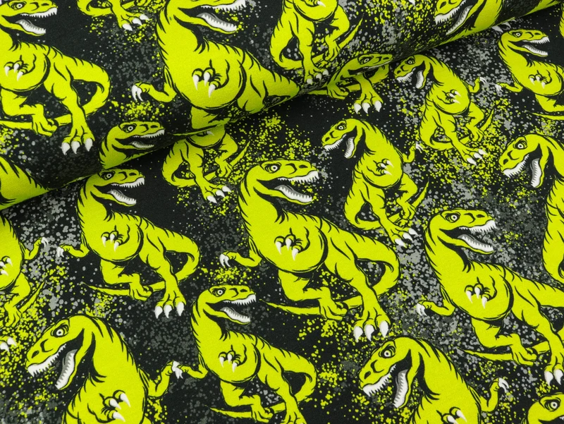 Reststück 15cm - Steinbeck Baumwolljersey Dinos Dinosaurier lime auf Schwarz