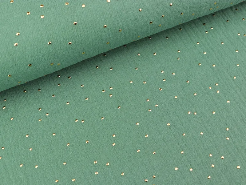 Reststück 40cm - Baumwoll Double Gauze Punkte gold auf Mint