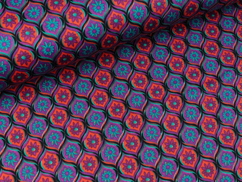 Stretch Baumwollsatin Fancy Kleines Blumenmuster cyclam-türkis-koralle-bunt