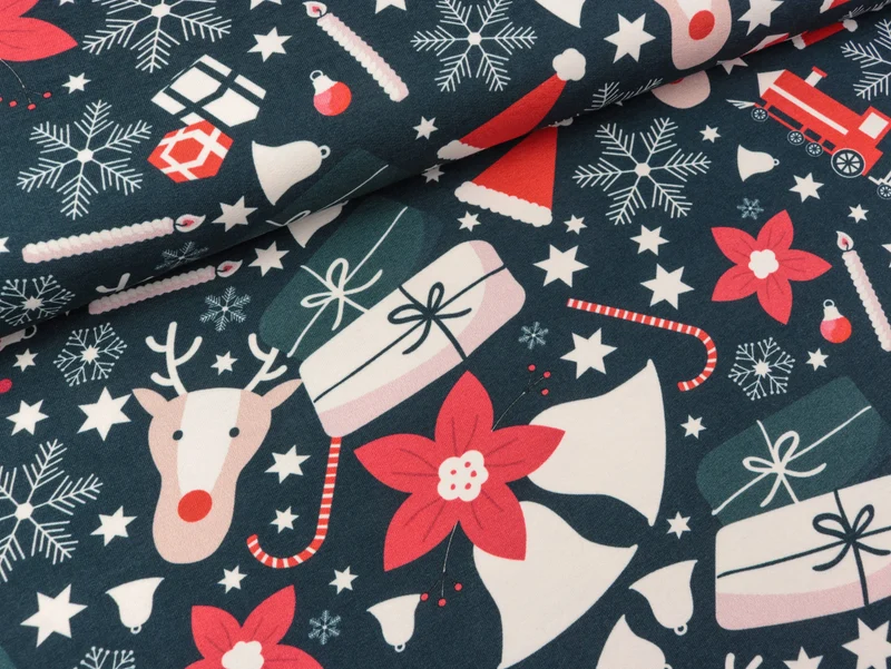 Reststück 37cm - Leichter Baumwollsweat Frohe Weihnachten bunt auf Jeansblau