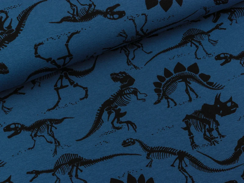 Reststück 32cm - Baumwolljersey Vera Dinosaurier Fossilien schwarz auf Jeansblau