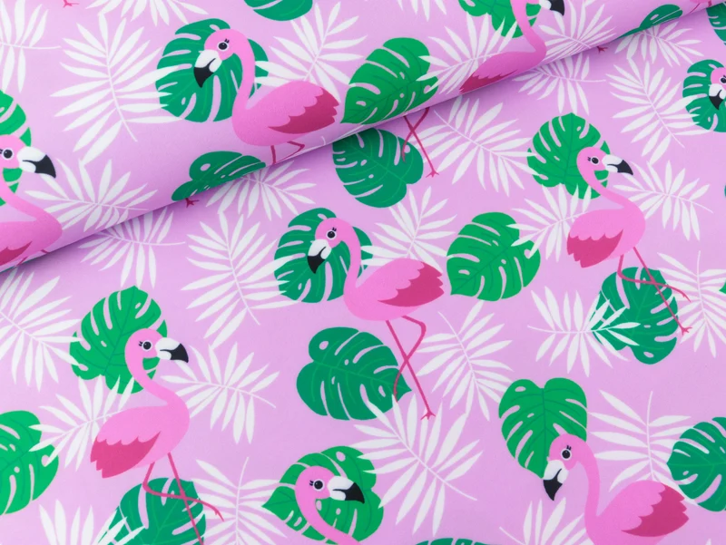 Swim & Sport Jersey Flamingos und Blätter bunt auf Bonbonrosa UPF50
