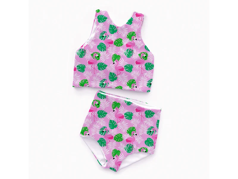 Swim & Sport Jersey Flamingos und Blätter bunt auf Bonbonrosa UPF50