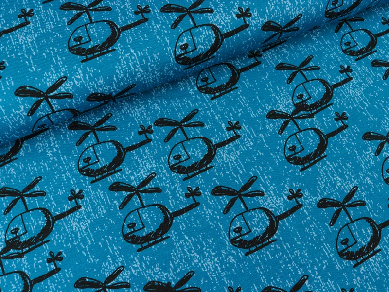 Steinbeck Baumwolljersey Happy Metal Hubschrauber schwarz auf Blau