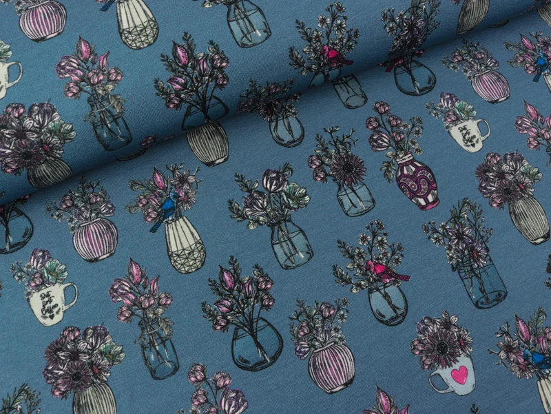 French Terry All my Flowers bunt auf Jeansblau by Lila Lotta