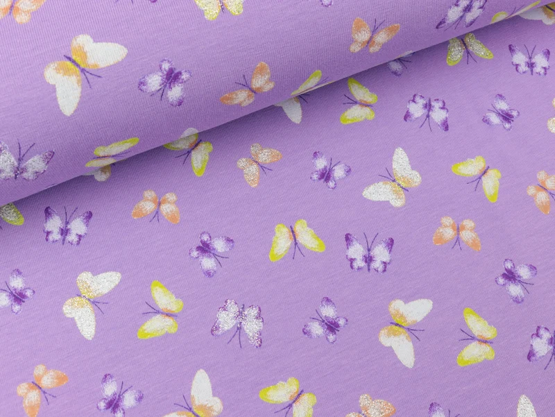 Baumwolljersey Glitter Butterflies bunt auf Violet tulip