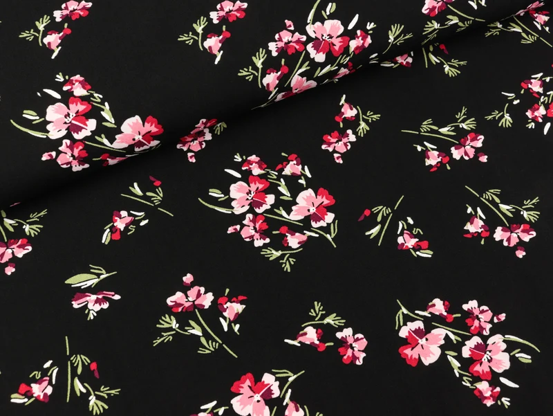 Viskosestoff Radiance Flowers Bartnelken auf Schwarz