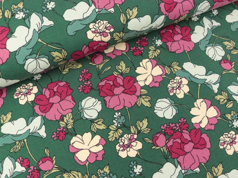 Baumwolljersey Big Flowers bunt auf Emerald by Poppy
