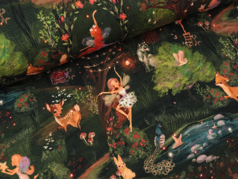 French Terry Fairy Tales Feenland bunt auf Dunkelgrau Digitaldruck