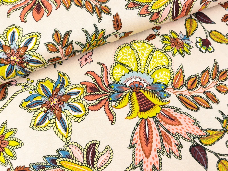 Viskosejersey Print Flowers sand-bunt