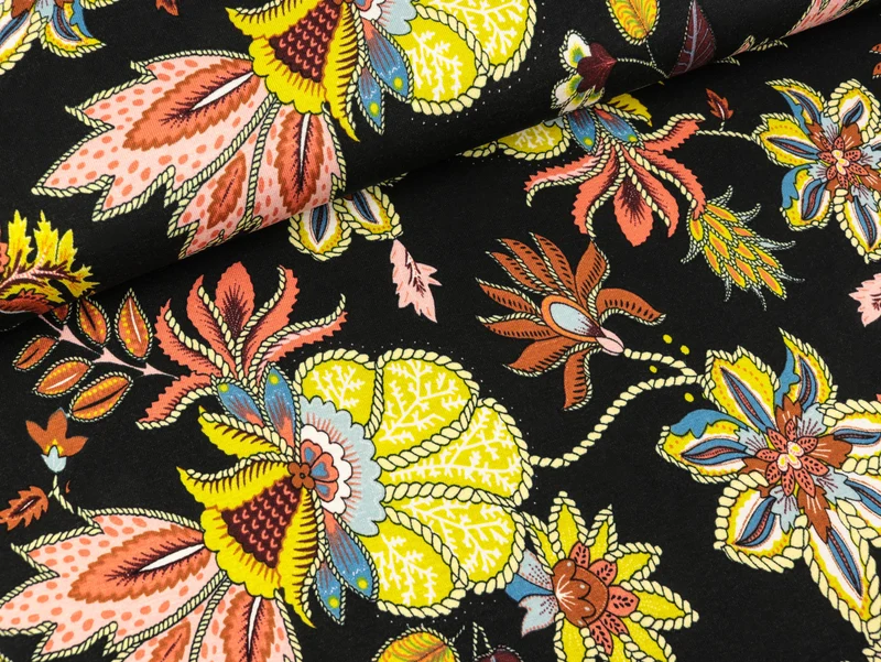 Viskosejersey Print Flowers schwarz-bunt
