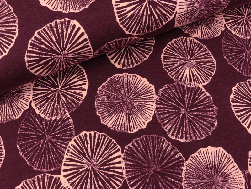 French Terry Brushed Print Blumen rosa auf Bordeaux