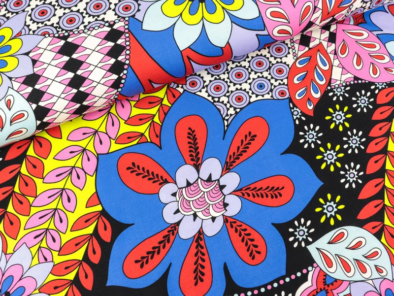 Baumwolljersey Große Blumen und Blätter blau-bunt