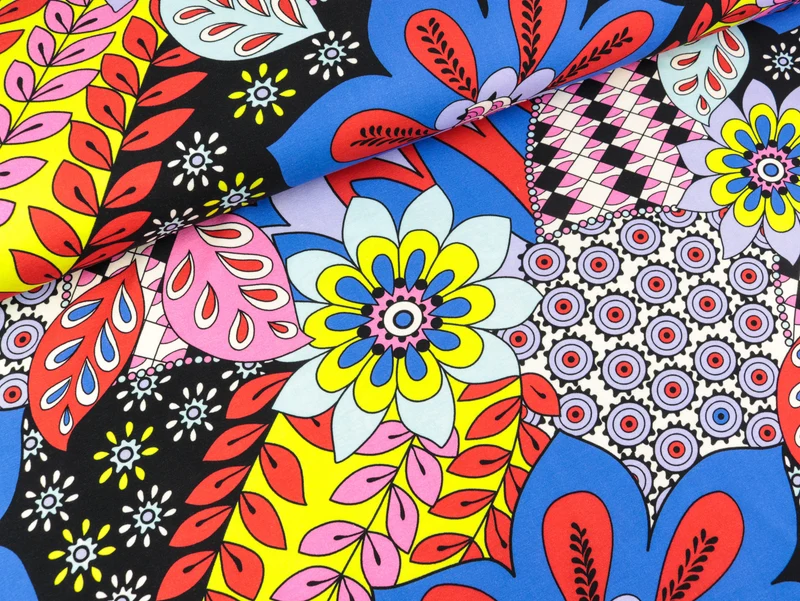 Baumwolljersey Große Blumen und Blätter blau-bunt