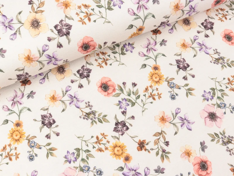 Baumwolljersey Small Flowers Blumen bunt auf Offwhite
