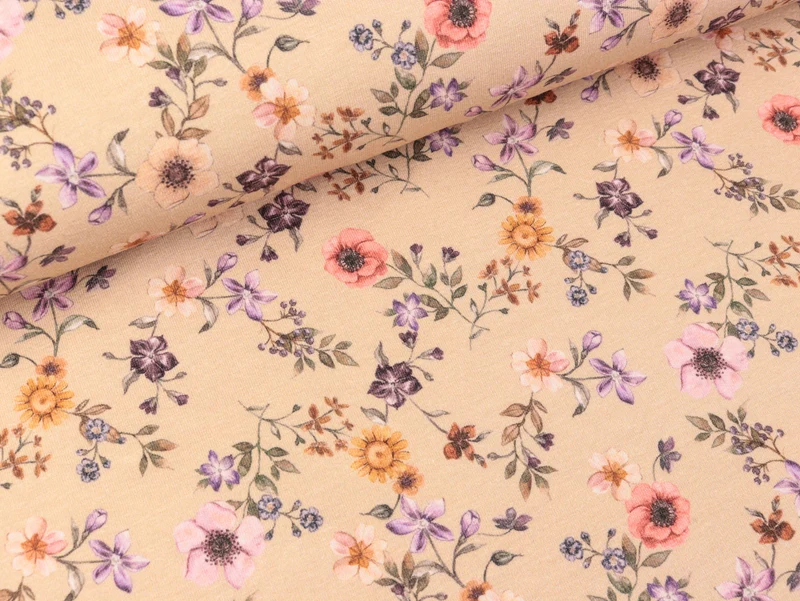 Baumwolljersey Small Flowers Blumen bunt auf Powder