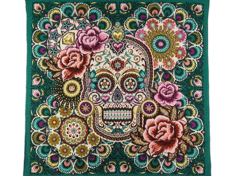 Jacquard Kissen Panel Diá de los Muertos Blumige Totenköpfe Totenköpfe smaragd-bunt 48x48cm