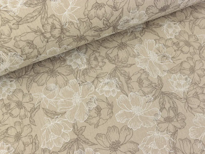 Baumwoll Double Gauze Flowers braun-weiß auf Beige