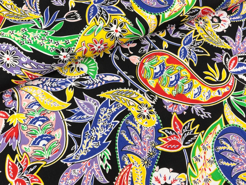 Viskose Popeline Webware Paisley und Blumen bunt auf Navy