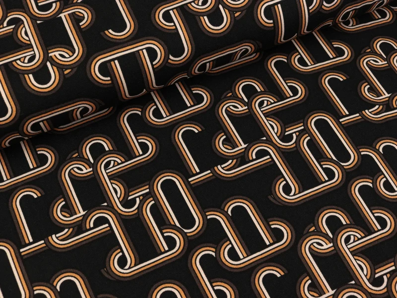 Viskose Twill Print Chains caramel-bunt auf Schwarz