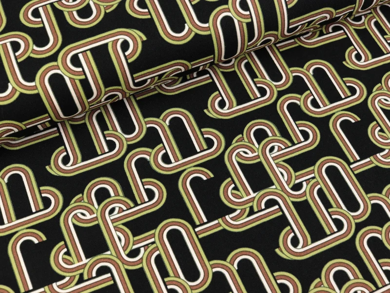 Viskose Twill Print Chains khaki-bunt auf Schwarz