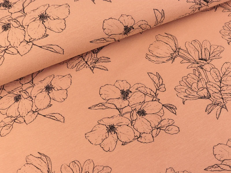 Bambus Jersey Flowers schwarz auf Peach