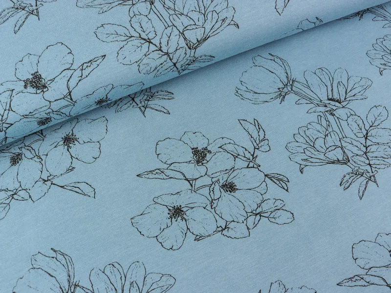 Bambus Jersey Flowers schwarz auf Jeansblau