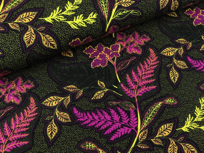 Viskosejersey Print Flowers purple-lime auf Schwarz