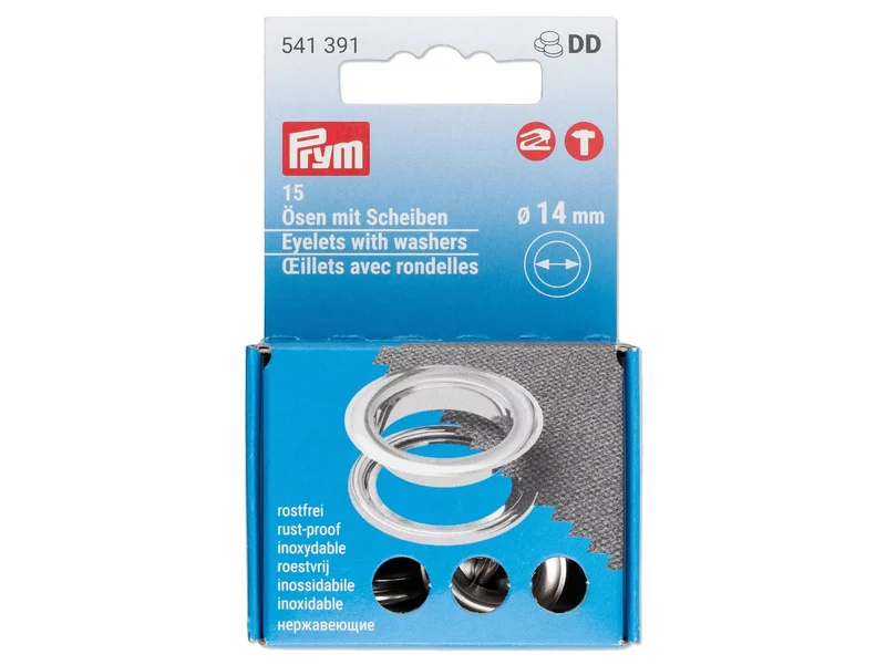 Prym 541391 Ösen mit Scheiben ø 14mm rostfrei messing-silberfarbig - 15 Stück für Vario Creative Tool