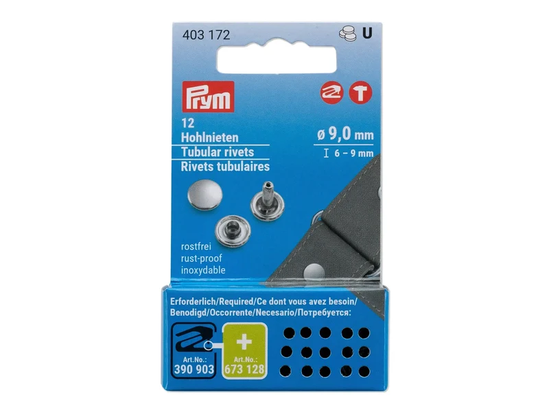 Prym 403172 Hohlnieten ø 9mm / 6 - 9mm rostfrei messing-silberfarbig - 12 Stück für Vario Creative Tool